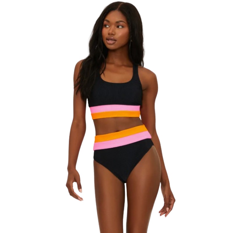 BEACH RIOT Heidi Colorblock High Waist Bikini Bottoms Medium Black Orange NWT