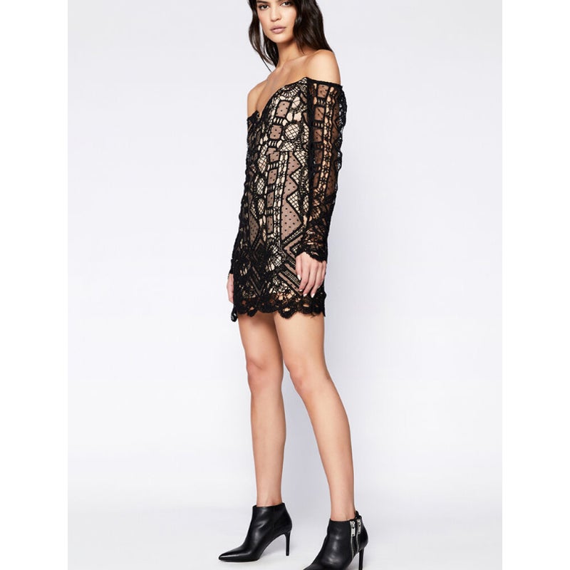 BARDOT Women's Zendaya Mini Lace Dress Medium Black/Nude Off Shoulder NWT