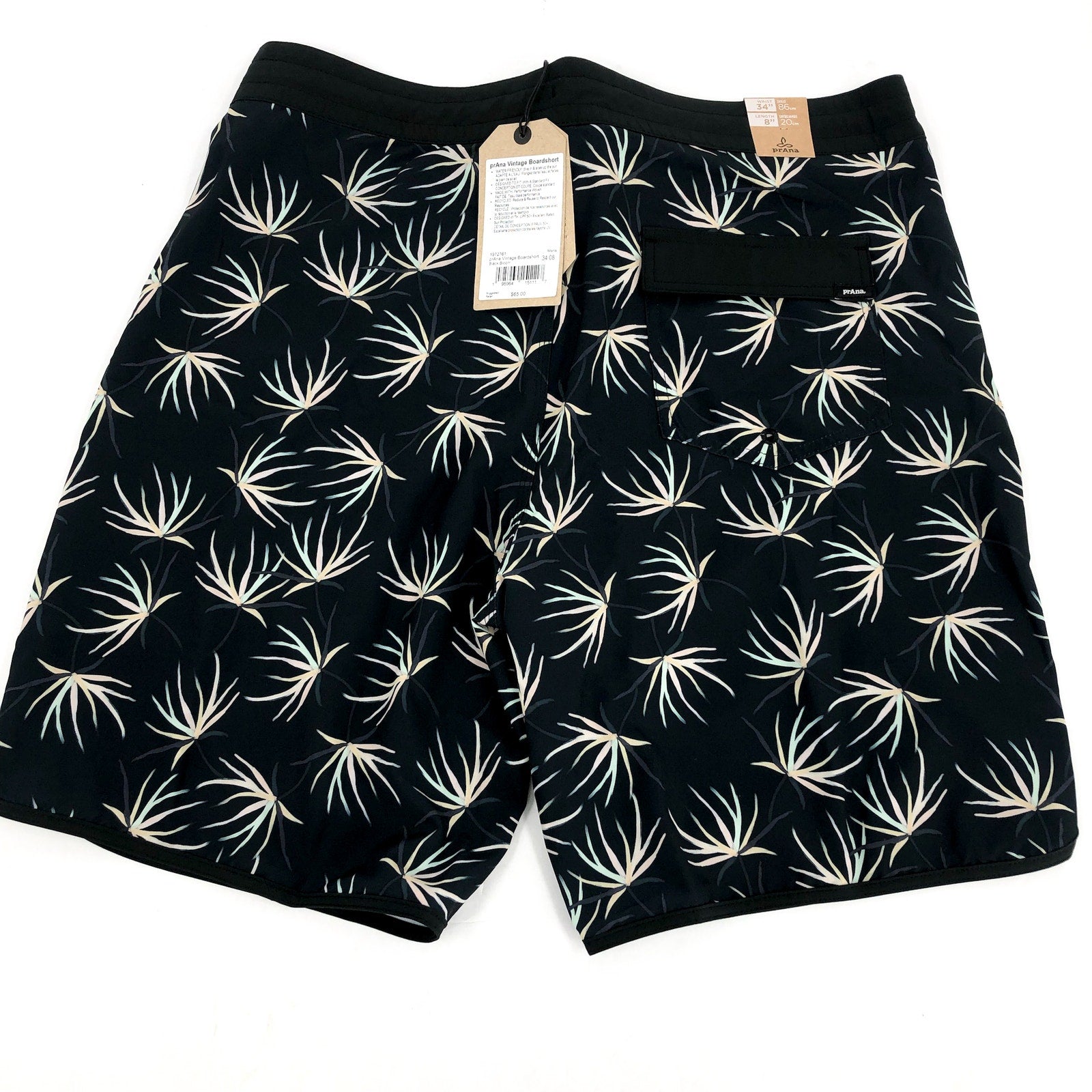 PRANA Men's Vintage Boardshort Size 34 Black Bloom 8" Inseam Drawstring NWT