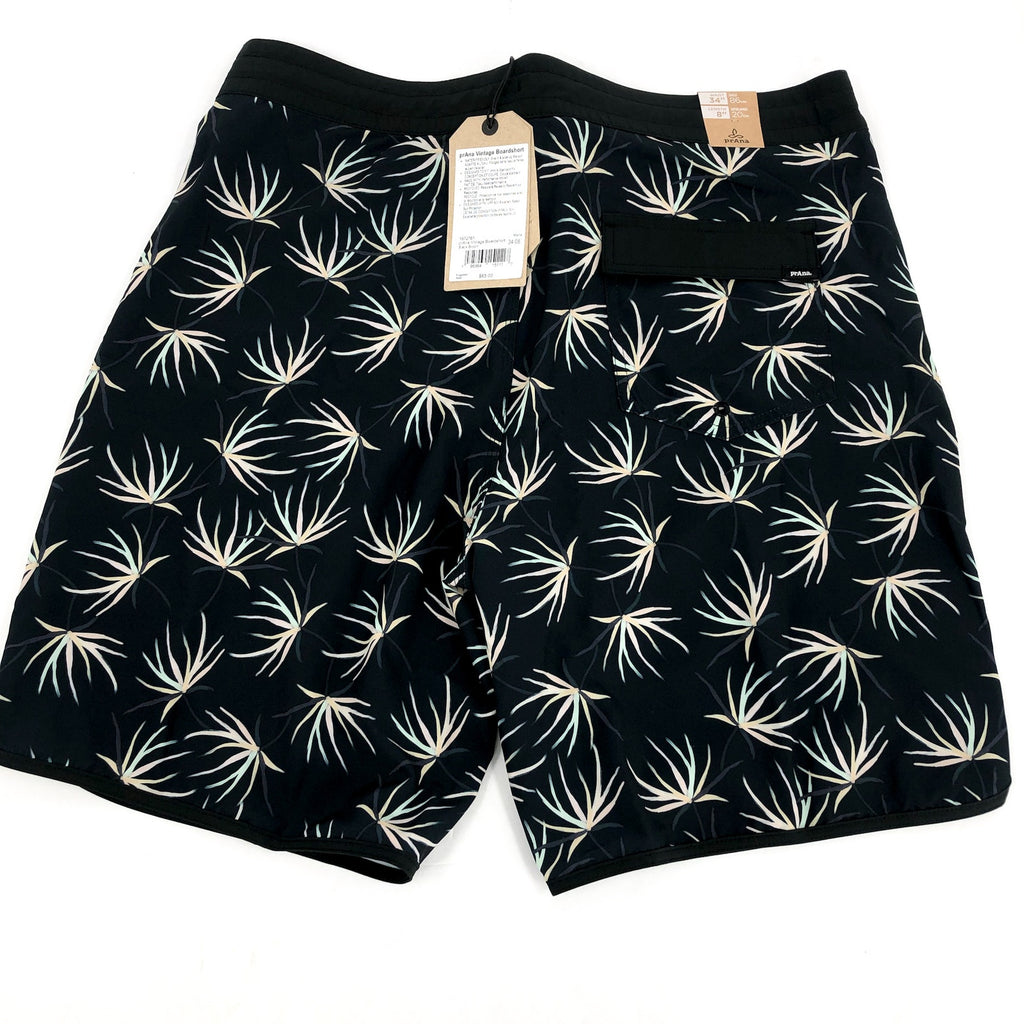 PRANA Men's Vintage Boardshorts Large 34 Black Bloom 8" Inseam Drawstring NWT