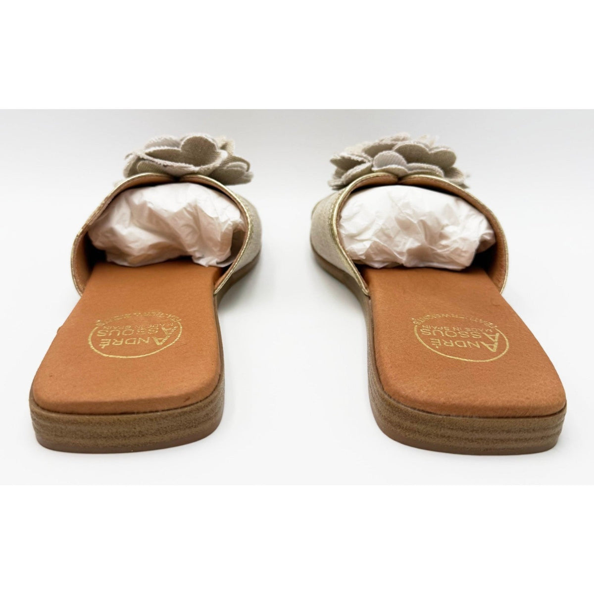 Andre Assous Womens Kiky Flower Slide Sandals Size 7 EU 38 Beige Natural NIB