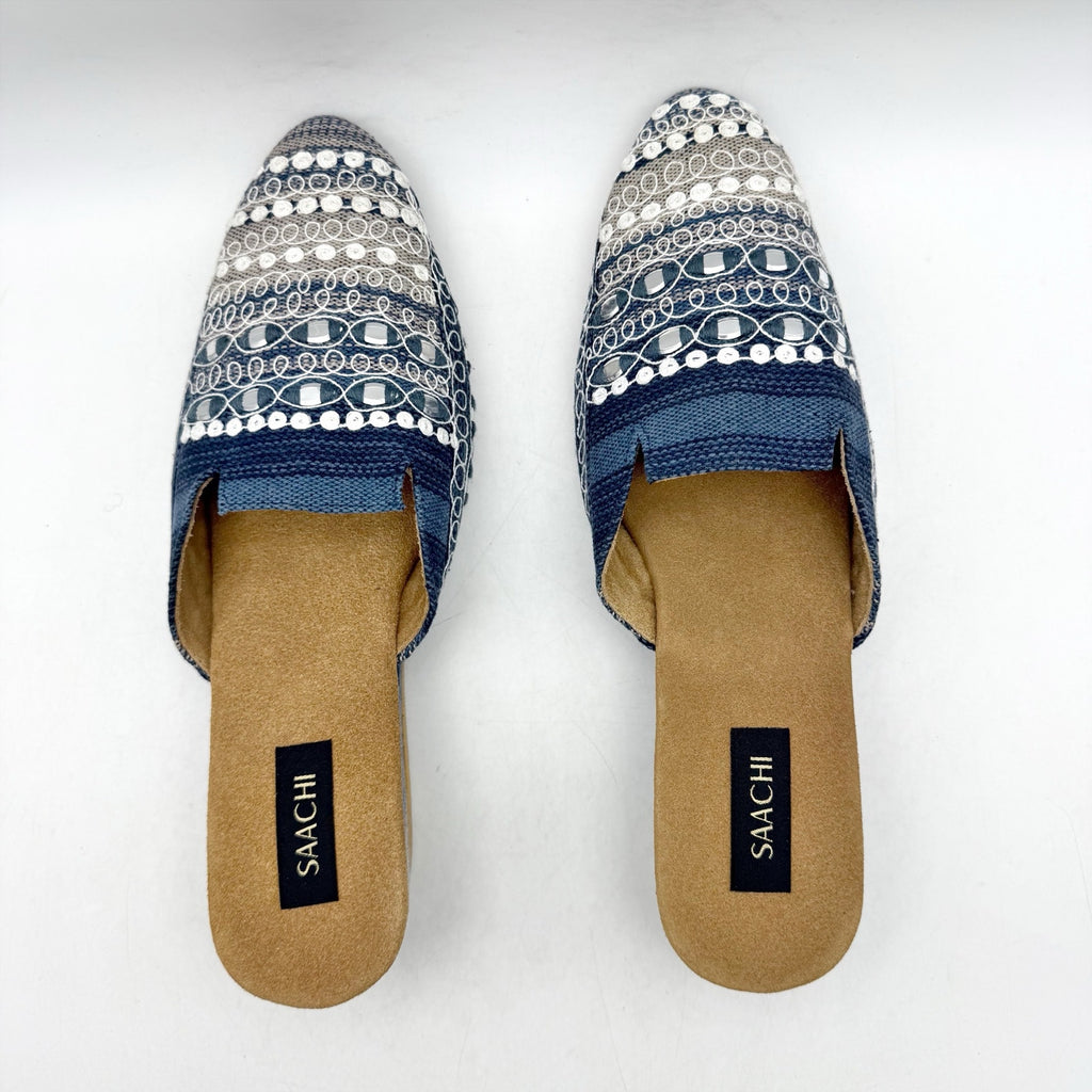 Saachi Womens Denim Wedge Mules US 11 Blue Silk Embroidered NWOB