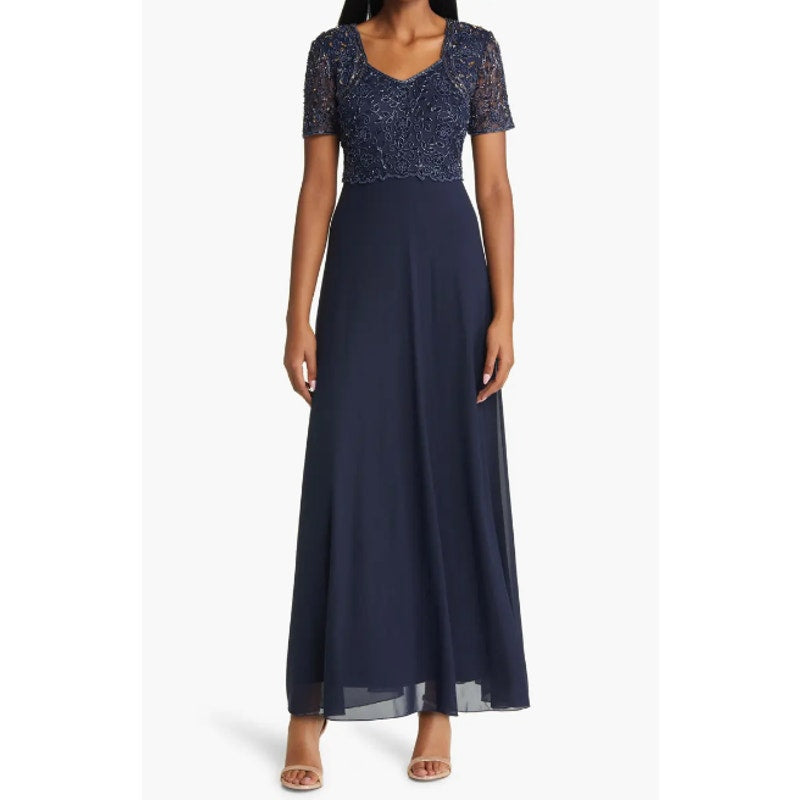 PISARRO NIGHTS Beaded Bodice A-Line Gown Size 12 Navy Blue Short Sleeve NWT
