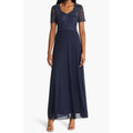 PISARRO NIGHTS Beaded Bodice A-Line Gown Size 12 Navy Blue Short Sleeve NWT
