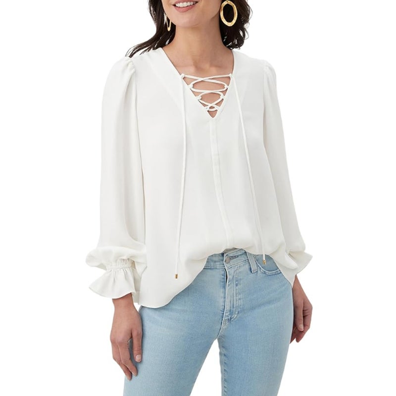TRINA TURK Women's Zahara Lace Up Top Medium White Whitewash Balloon Sleeve NWT