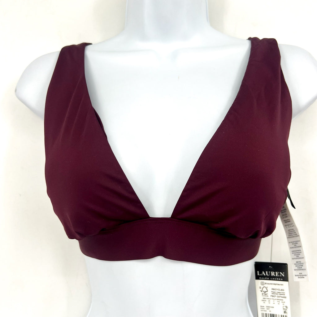 LAUREN RALPH LAUREN Banded V-Neck Bikini Top Size 10 Red Claret Beach Club NWT