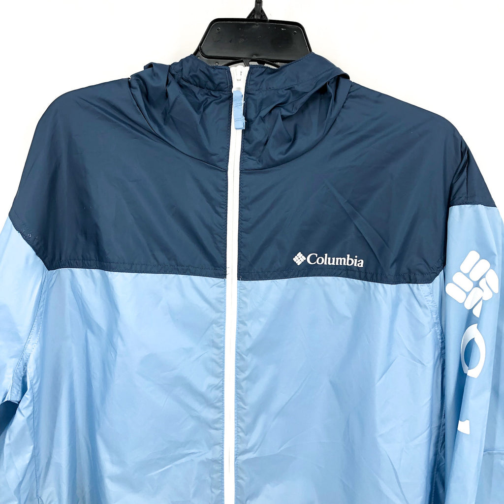 COLUMBIA Mens Flash Challenger Novelty Windbreaker Medium Blue Hooded Jacket NWT