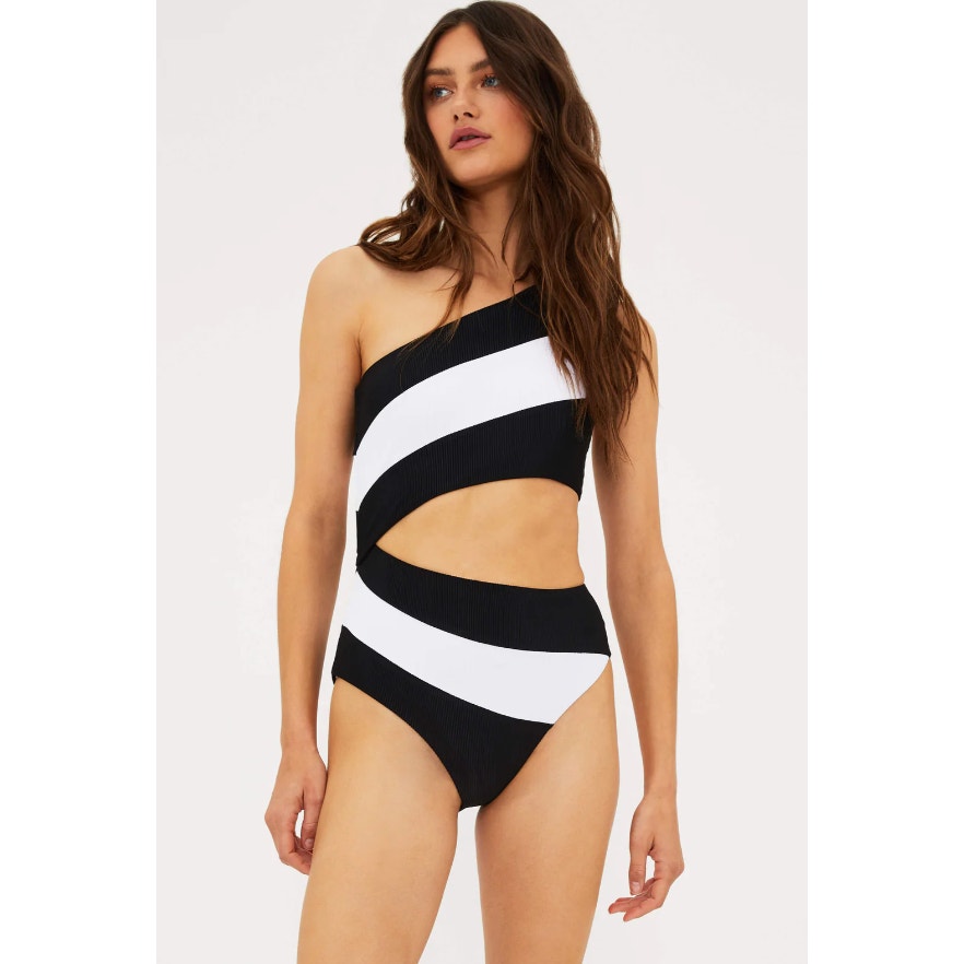 BEACH RIOT Women's Joyce One Shoulder One Piece Swimsuit Large Black White