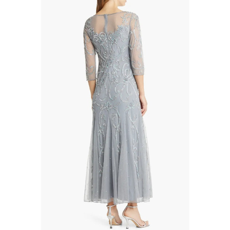 PISARRO NIGHTS Beaded Illusion Neck Gown Size 14 Sky Blue Gray 3/4 Sleeve NWT