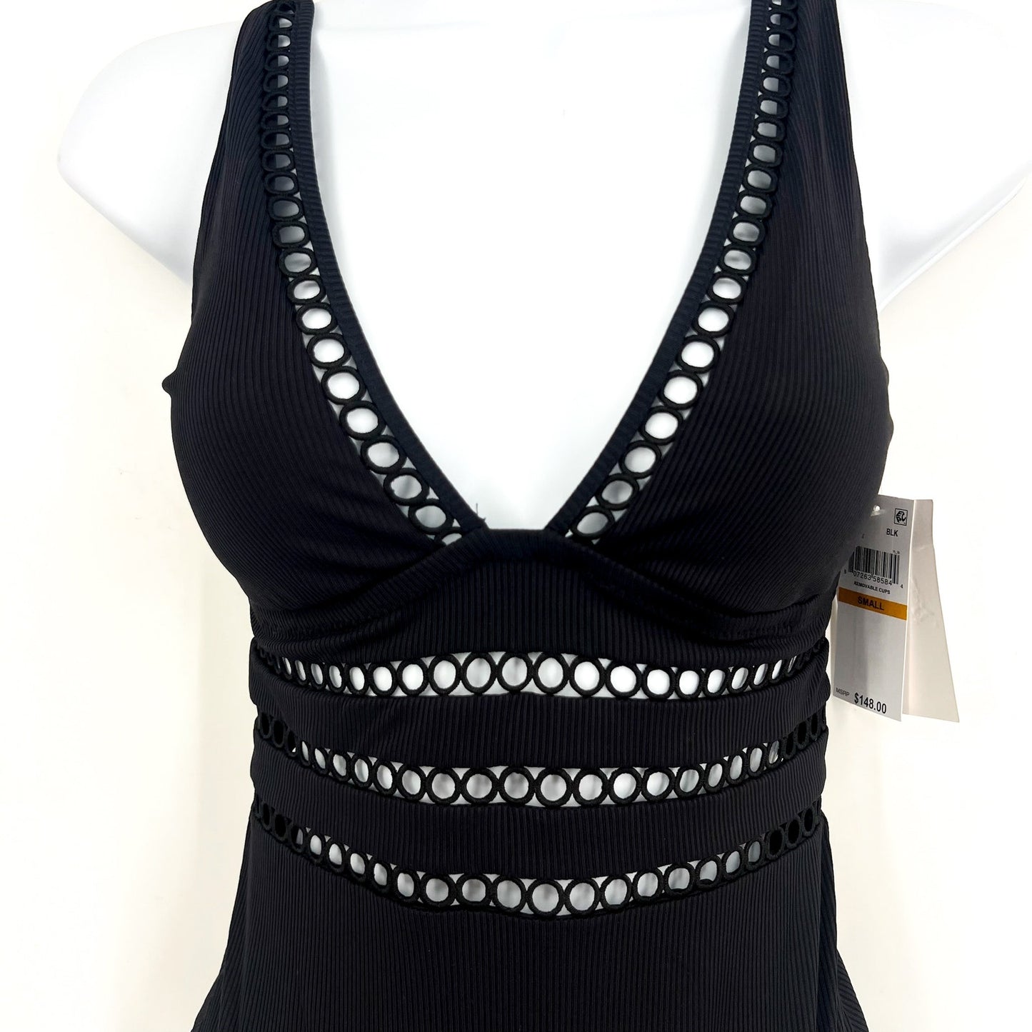 BECCA Women's Toni Plunge One Piece Swimsuit Small Black Modern Edge Rib NWT