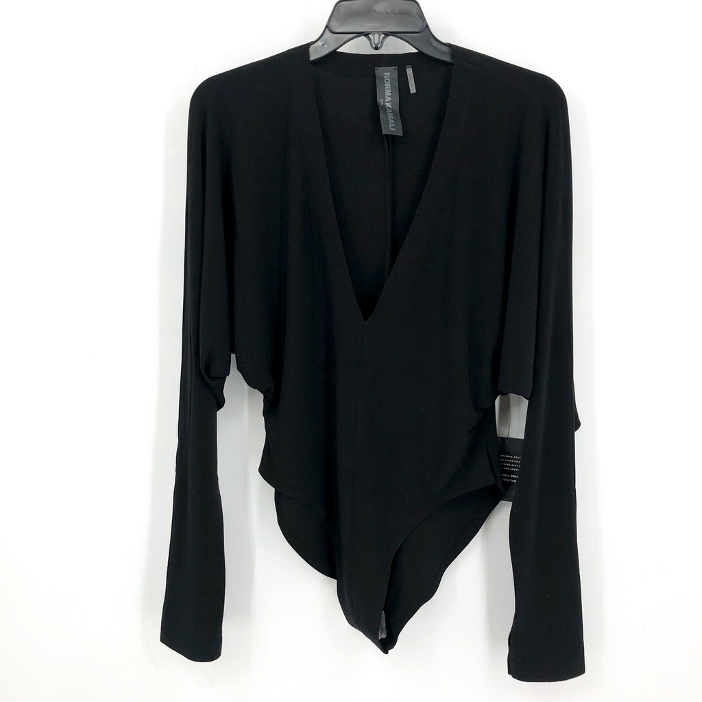 NORMA KAMALI Women's Dolman V Neck Bodysuit XS 34 Black Long Sleeve NWT