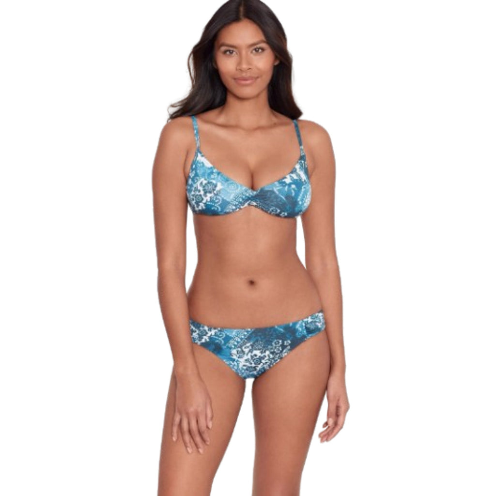 LAUREN RALPH LAUREN Patchwork Hipster Bikini Bottom Size 10 Blue Shirred NWT
