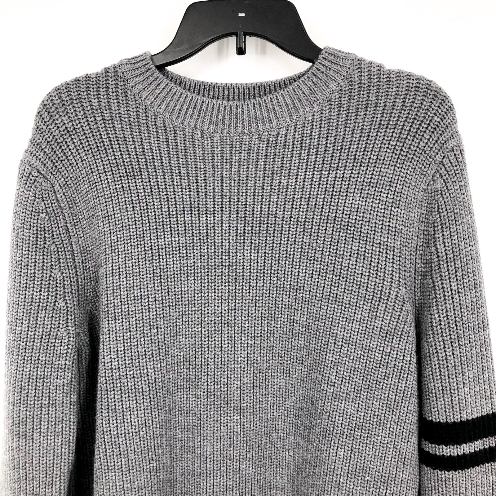 LABEL Mens Go-To Sweater Medium Light Grey Black Knit Crewneck MERINO WOOL  NWT