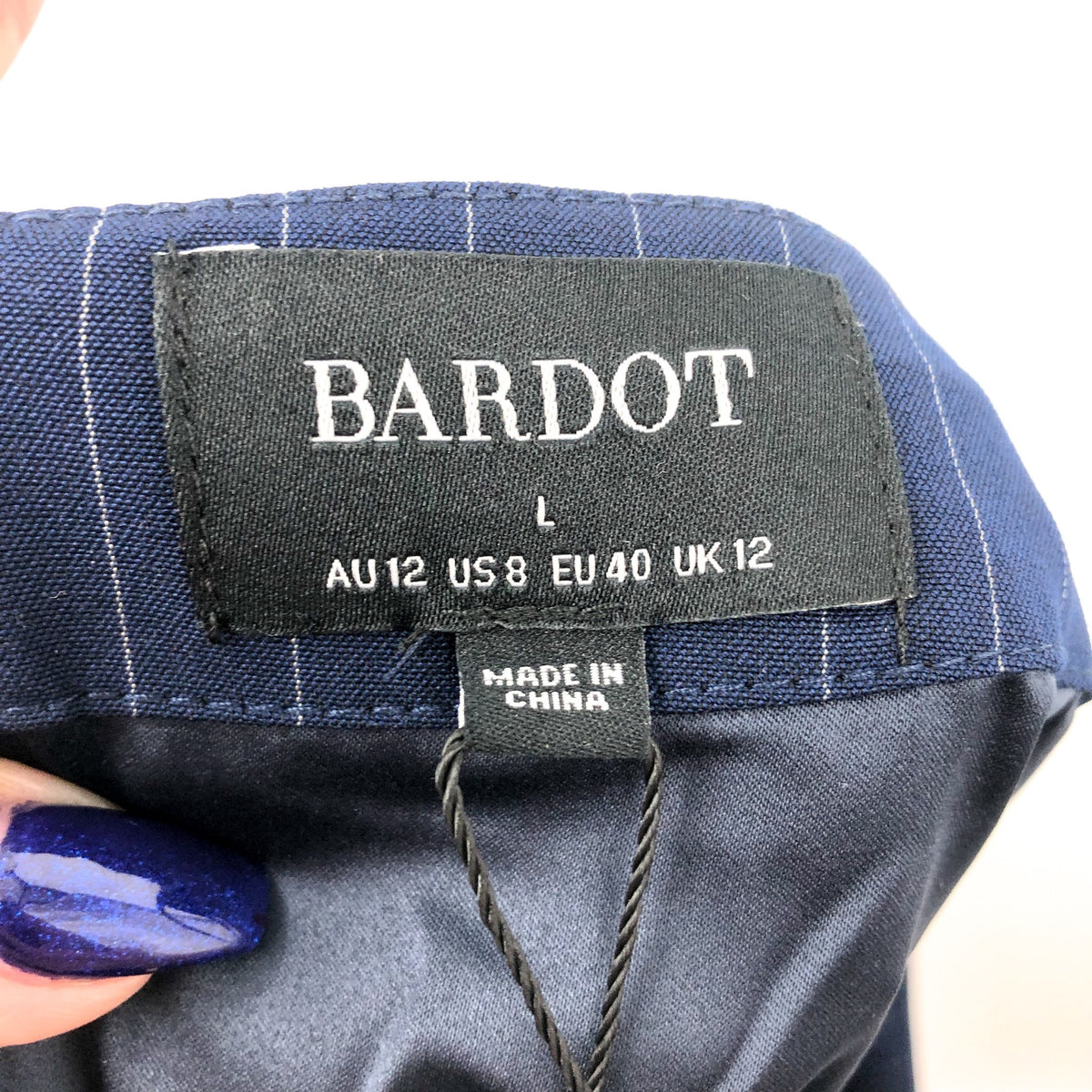 BARDOT Women's Layton Pin Stripe Mini Skirt Large US 8 Navy Blue NWT