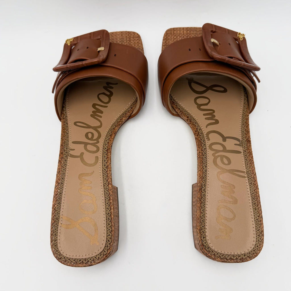 Sam Edelman Womens Dilon Buckle Slide Sandals Size 9 Brown Cognac Leather NIB