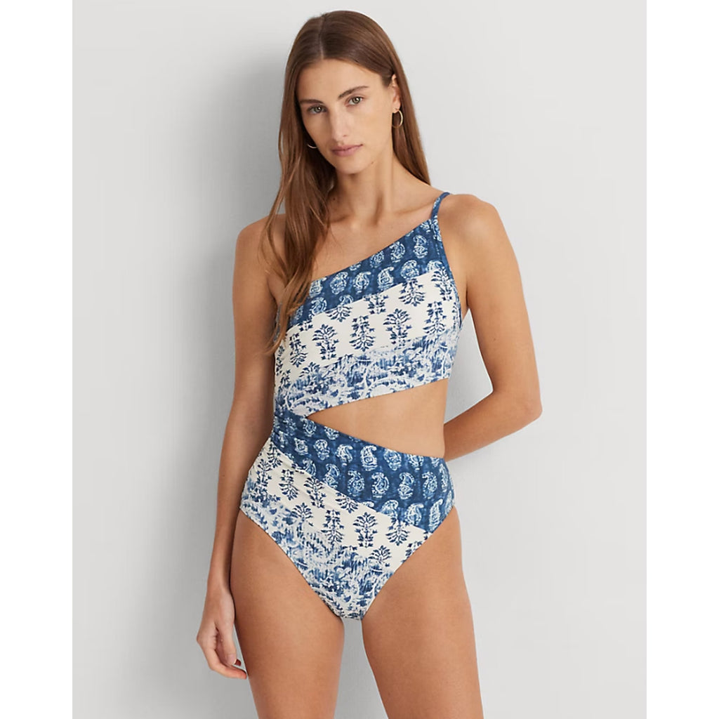 Lauren Ralph Lauren One Shoulder One Piece Swimsuit Size 10 Blue White Print NWT