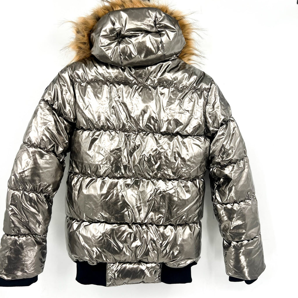 APPAMAN Girls Kyla Puffer Coat Size 14 Silver Lustrous Metallic Faux Fur NWT