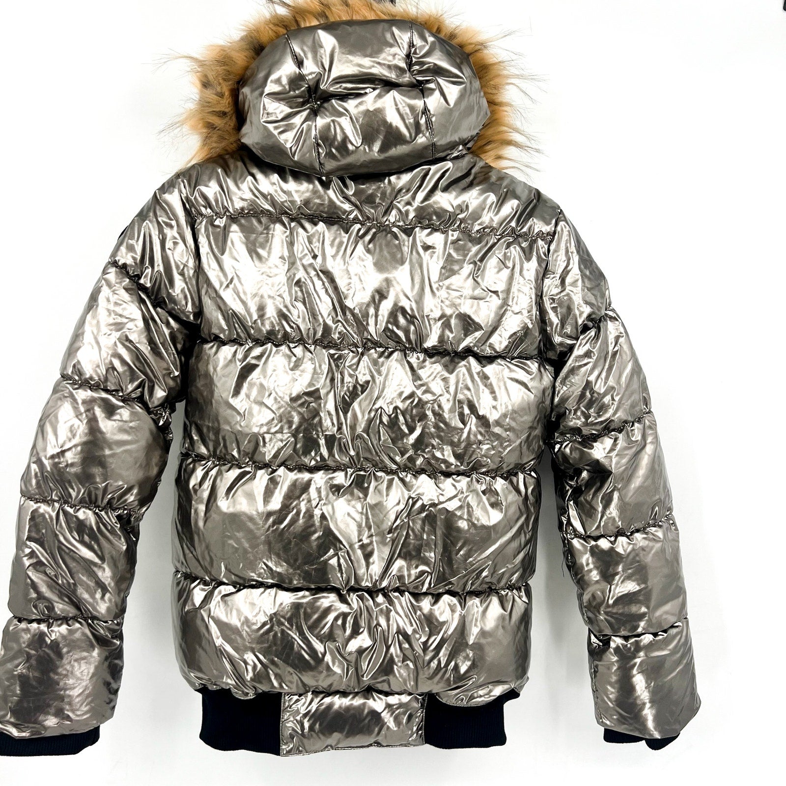 APPAMAN Girls Kyla Puffer Coat Size 14 Silver Lustrous Metallic Faux Fur NWT