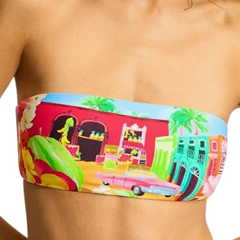 SEAFOLLY Women's Cuba Bandeau Bikini Top Size 10 Turquoise Multi Printed NWT