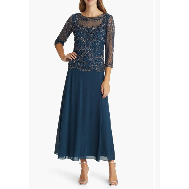 PISARRO NIGHTS Beaded Mesh Gown Size 4 Blue Rich Sapphire Mock Two-Piece NWT