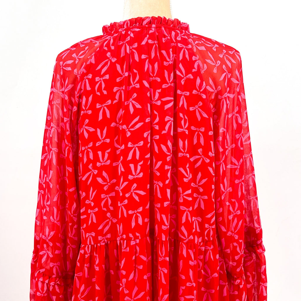 CECE Women's Bow-Print Babydoll Dress Large Red Pink Long-Sleeve NWT