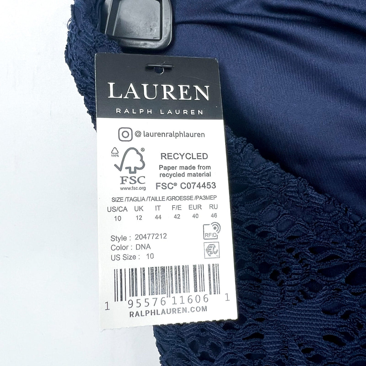 LAUREN RALPH LAUREN One Piece Swimsuit Size 10 Navy Blue Crochet Bandeau NWT