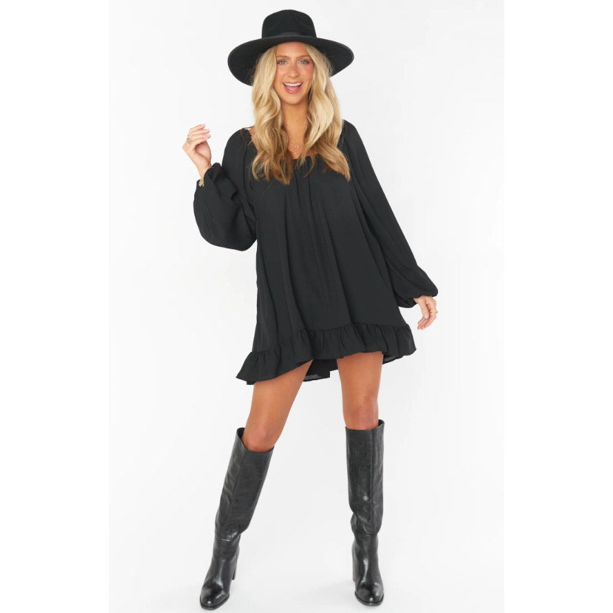 SHOW ME YOUR MUMU Women's Briar Mini Dress Medium Black Ruffle Long Sleeve NWT