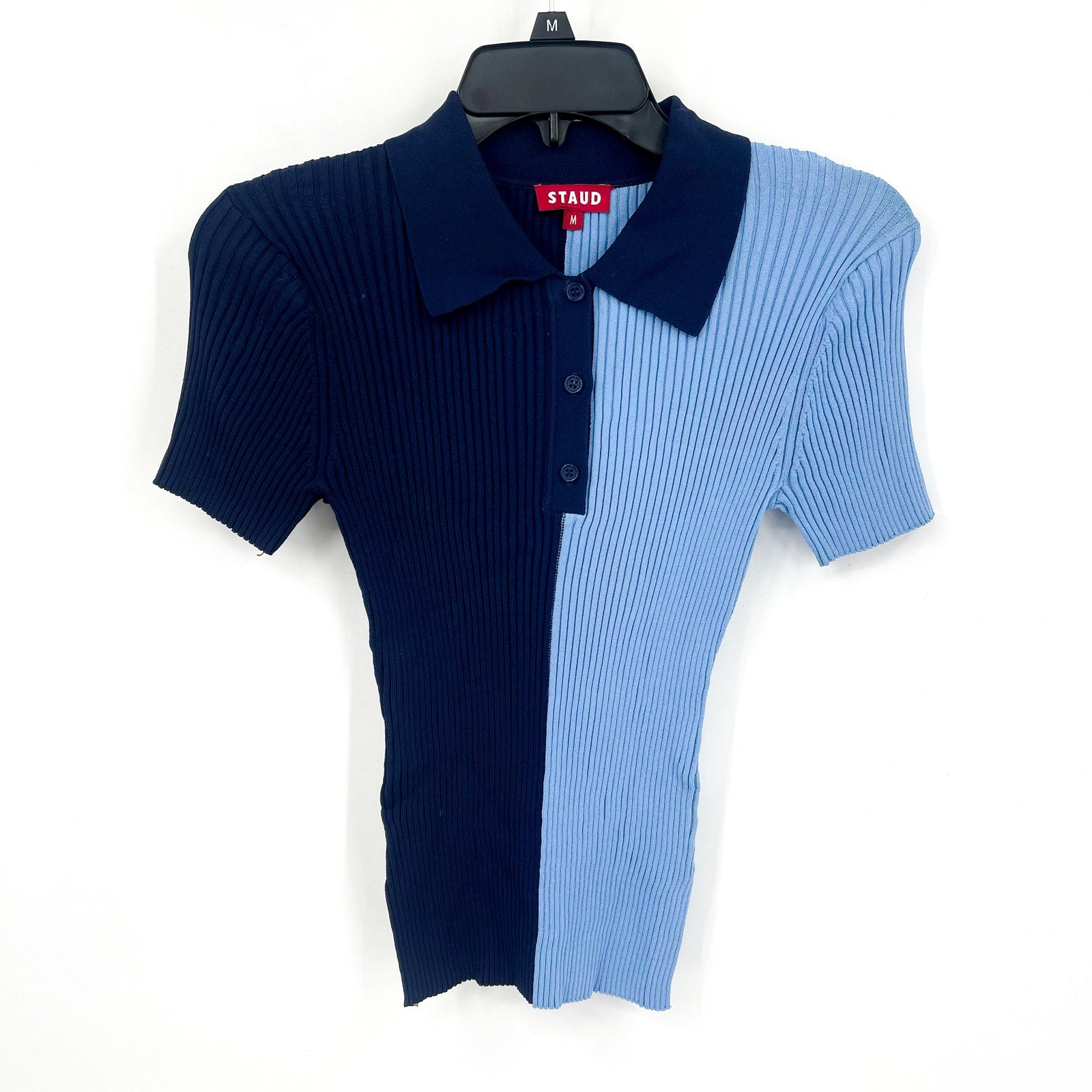 STAUD Women's Brice Bicolor Polo Shirt Medium Blue Colorblock Ribbed Knit NWOT