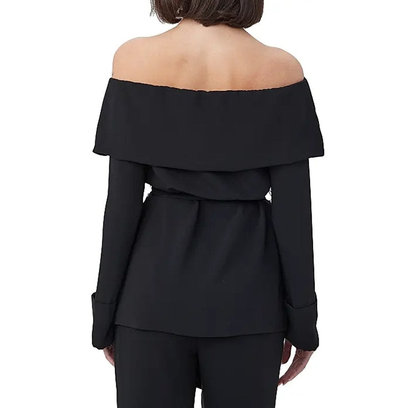 TRINA TURK Womens Lyndi Off-the-Shoulder Top Size 8 Black Long Sleeve Belted NWT