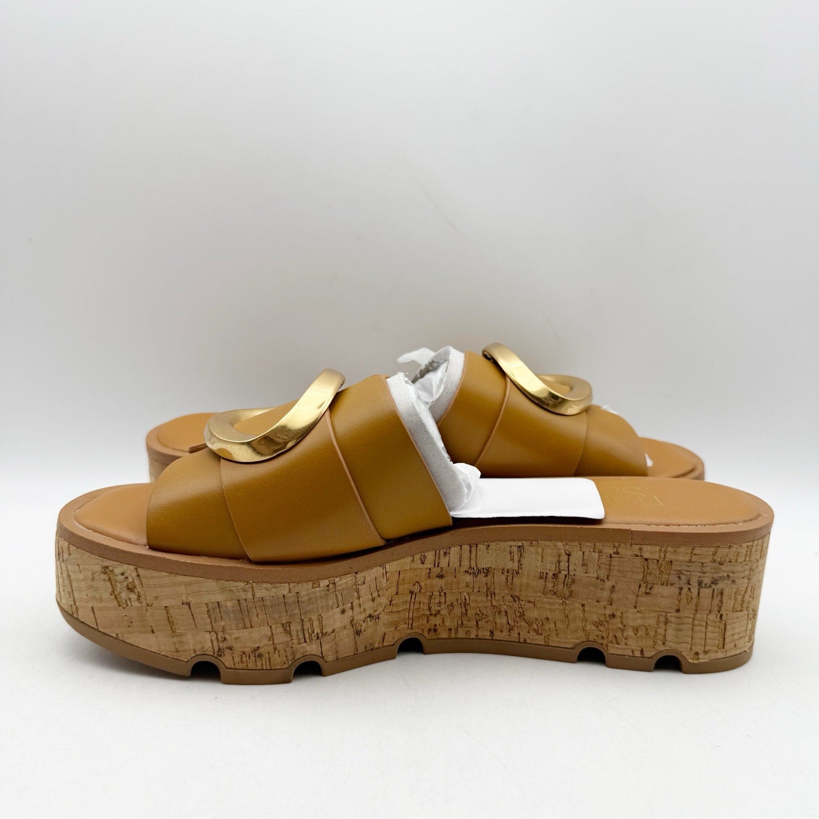 Franco Sarto Womens Hoda Cork Platform Slide Sandals US 6.5 M Tan Leather NWOB