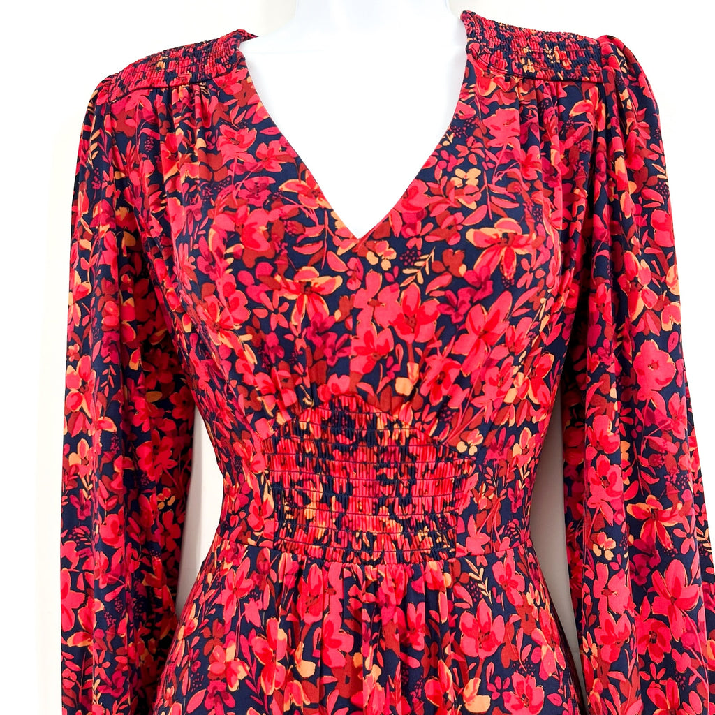 MAGGY LONDON Womens Floral V-Neck Dress Small Navy Blue Red Smocked NWT