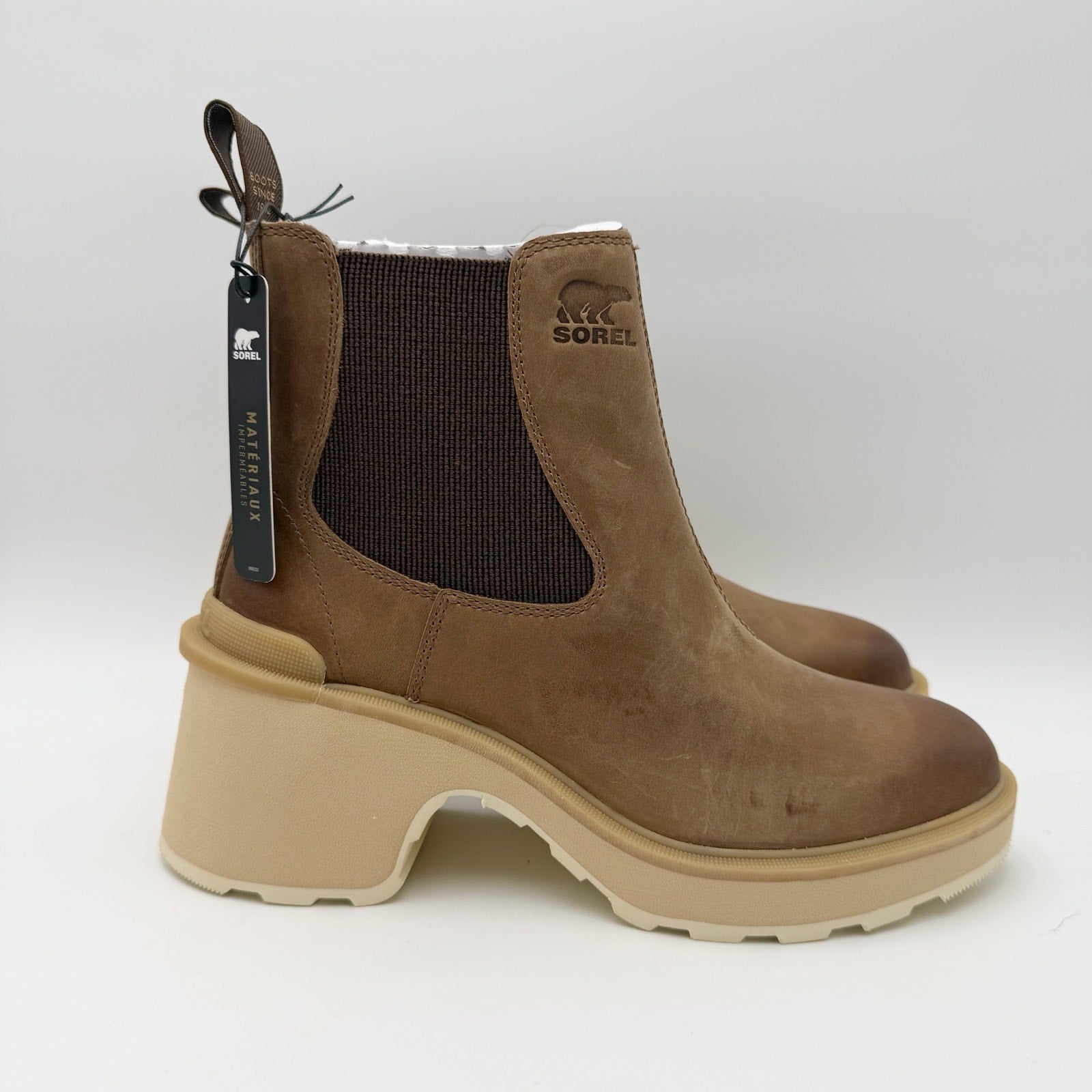 Sorel Womens Hi-Line Heel Chelsea Boot US 8 Taupe Tan Leather Waterproof NIB