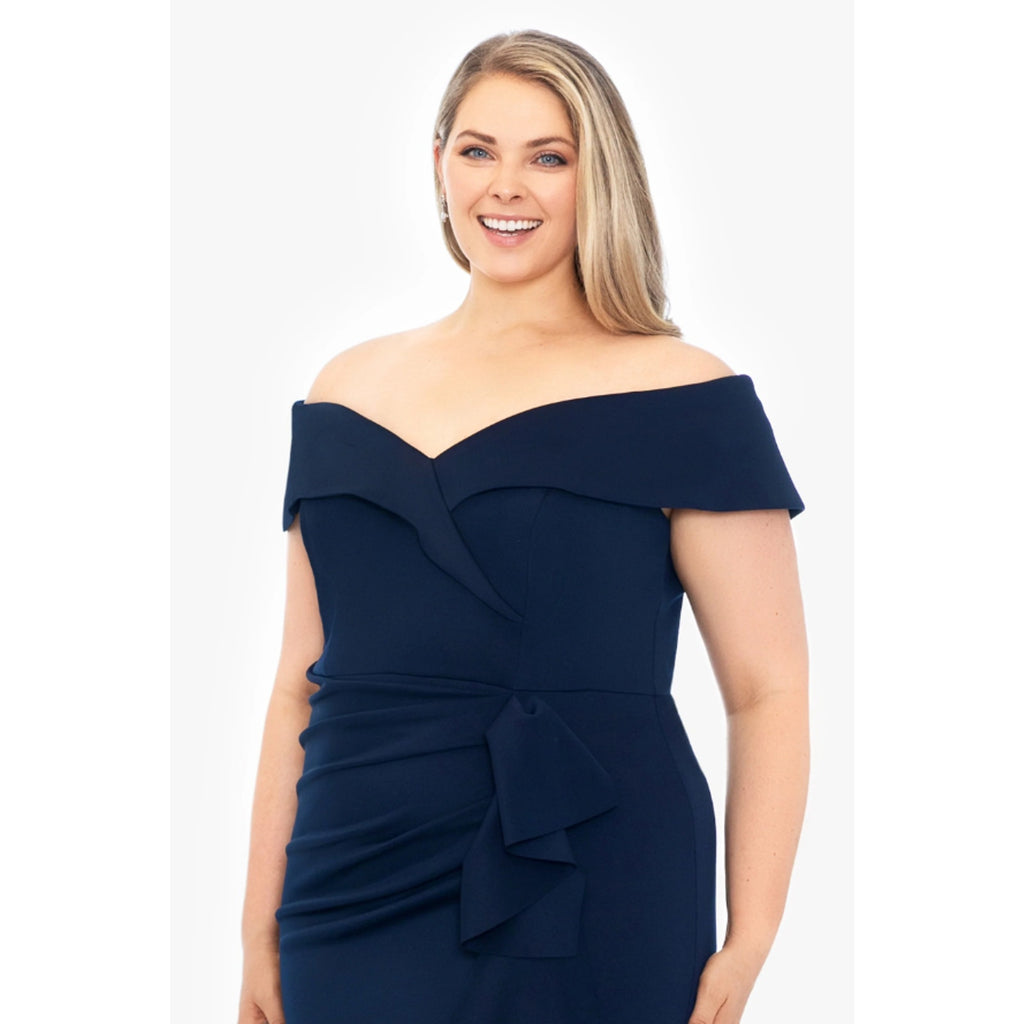 XSCAPE Patti Off the Shoulder Scuba Crepe Dress SIZE 14 Blue Midnight Gown NWT