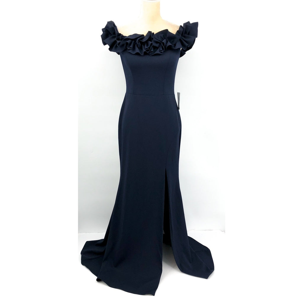 XSCAPE Women's Crepe Ruffled Gown Size 6 Navy Blue Off The Shoulder NWT
