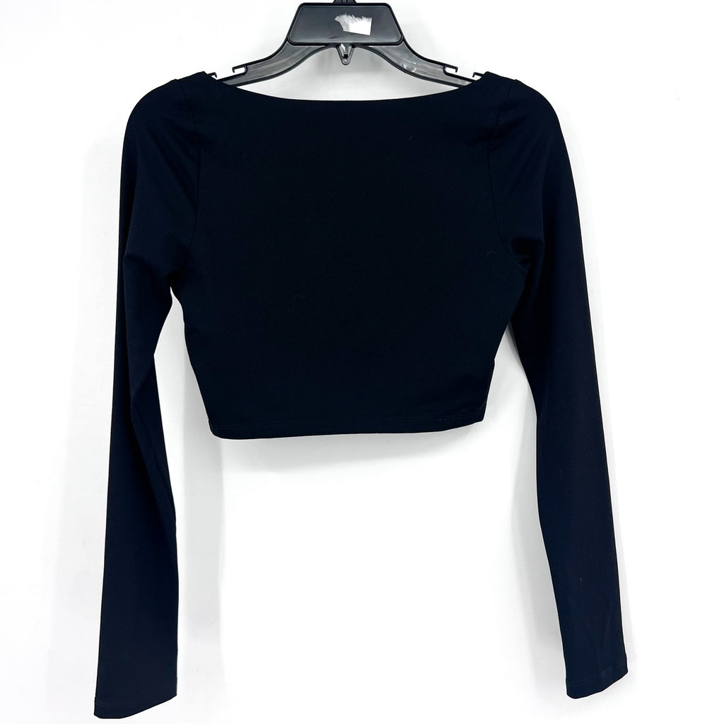 SUSAN MONACO Women's Crop Top Small Black Micro Square Neck Long Sleeve NWOT