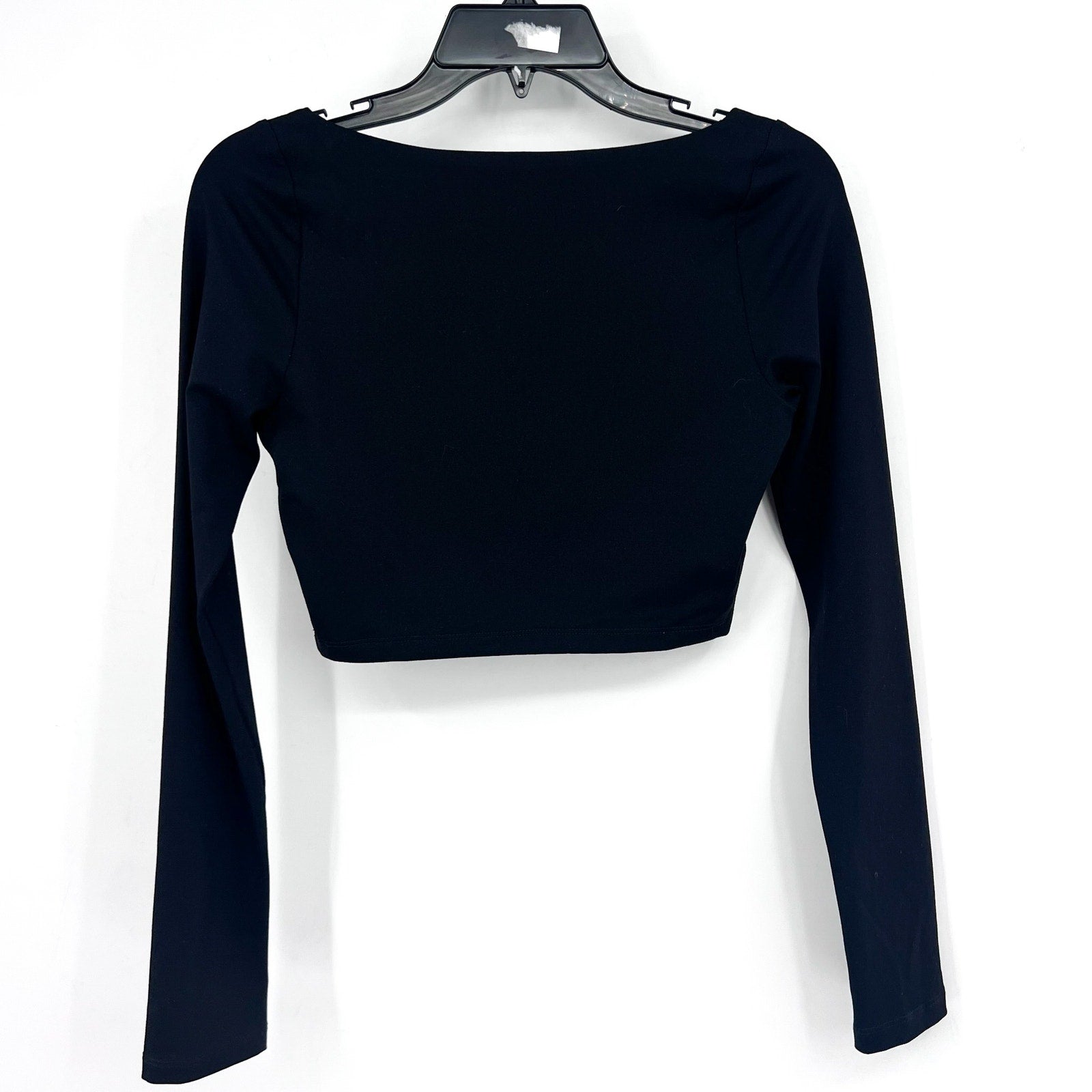 SUSAN MONACO Women's Crop Top Small Black Micro Square Neck Long Sleeve NWOT