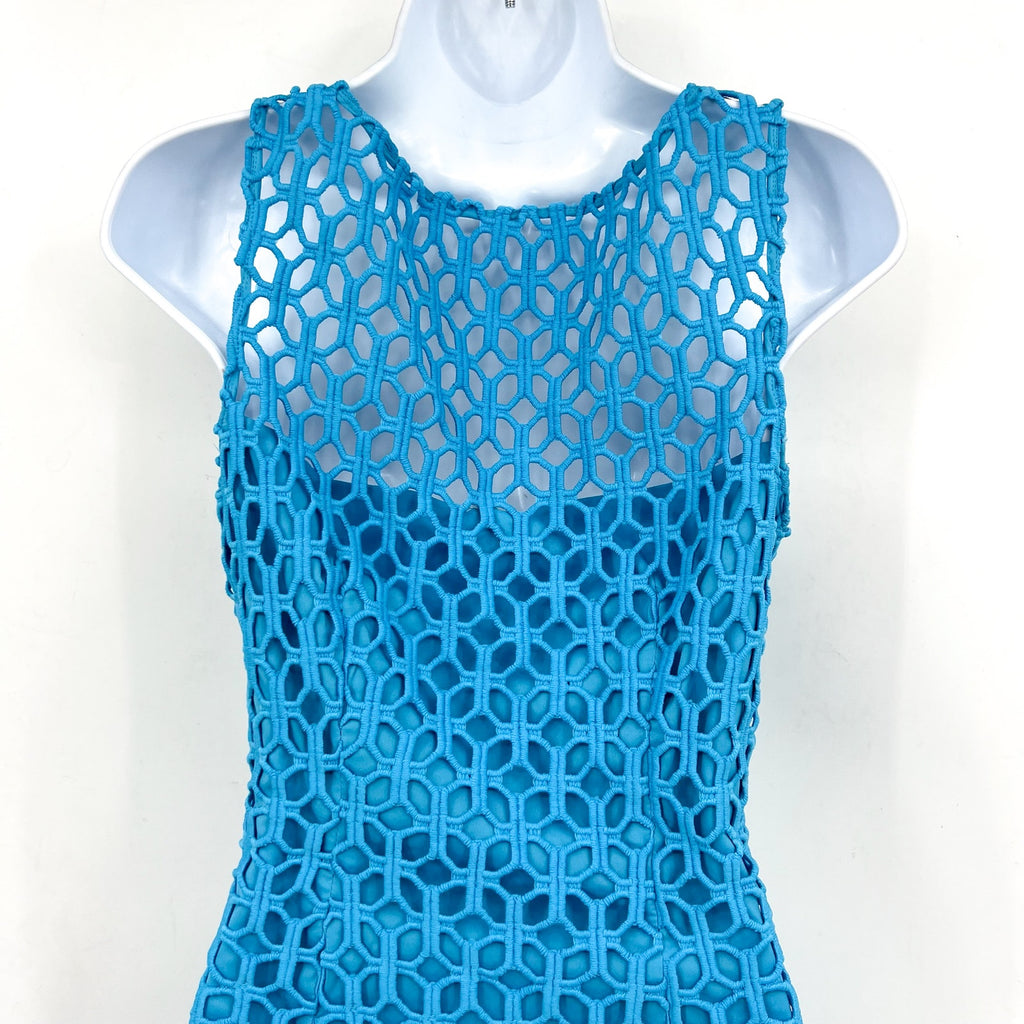TRINA TURK Eleanor Midi Sheath Dress Size 6 Blue Grotto Crochet Sleeveless NWT