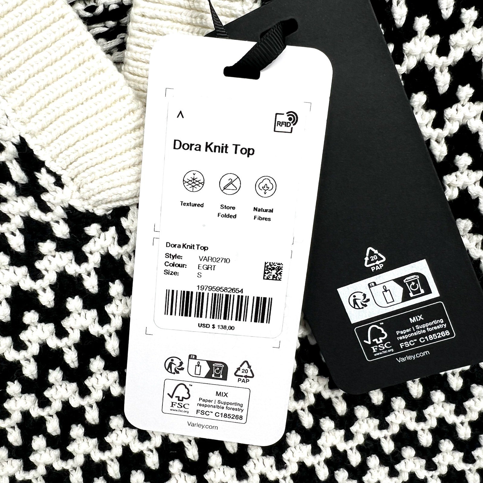 VARLEY Women's Dora Knit Cotton Top Small Black White Drop Shoulder Textured NWT