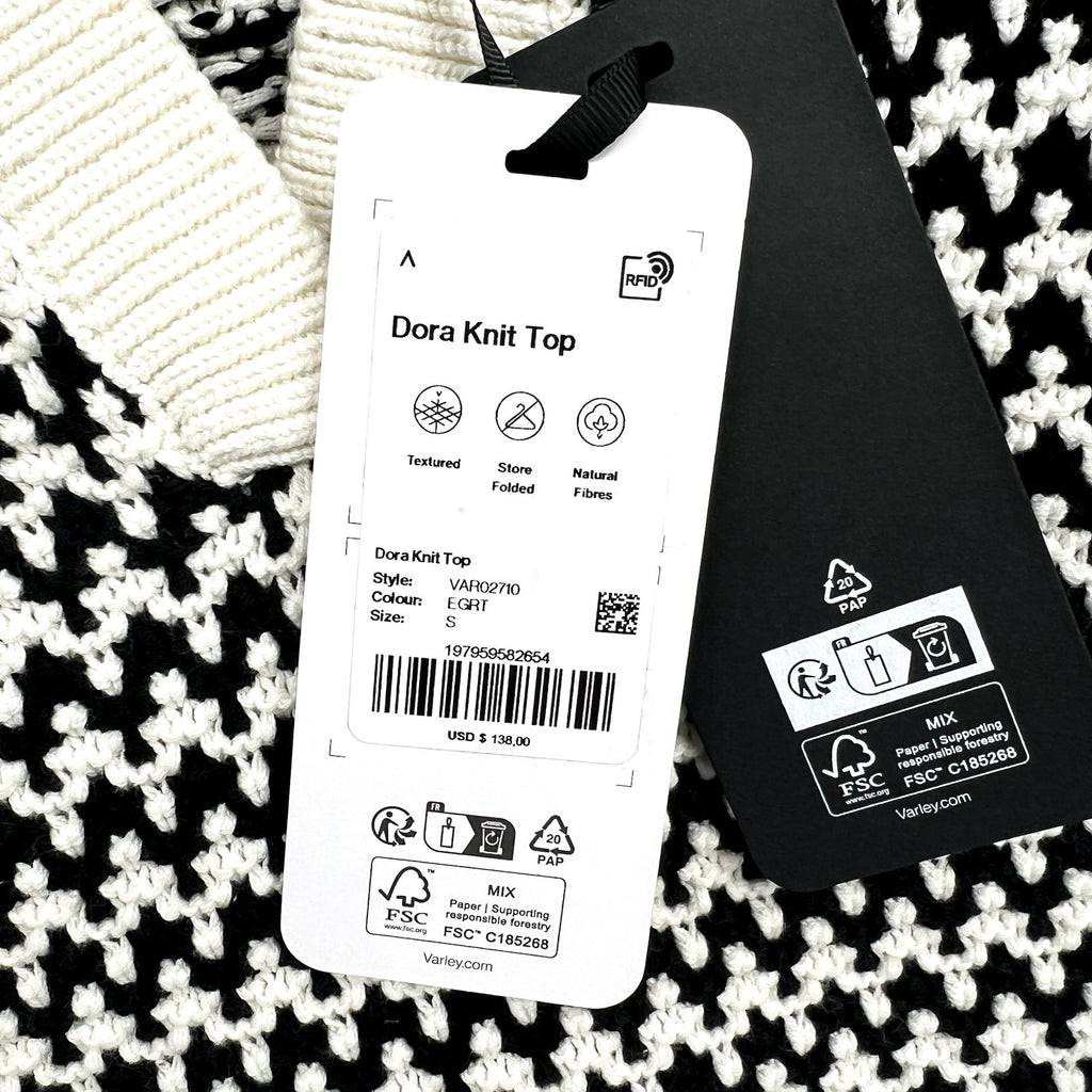 VARLEY Women's Dora Knit Cotton Top Small Black White Drop Shoulder Textured NWT