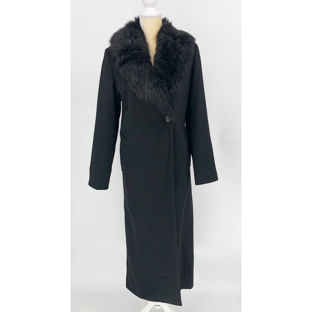 Sofia Cashmere Women Long Full Length Coat 6 Black Fur Collar Wool Cashmere NWOT