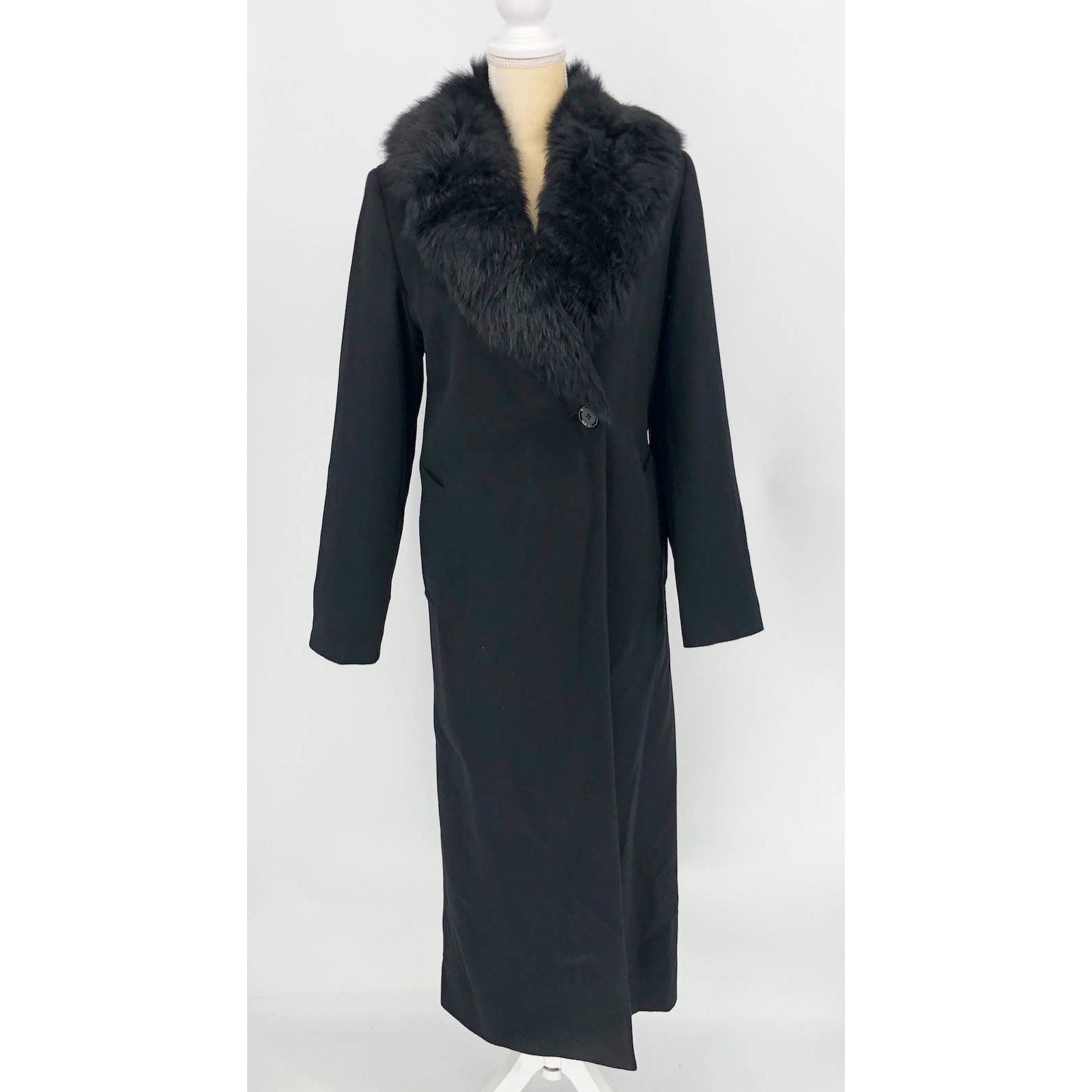 Sofia Cashmere Women Long Full Length Coat 6 Black Fur Collar Wool Cashmere NWOT