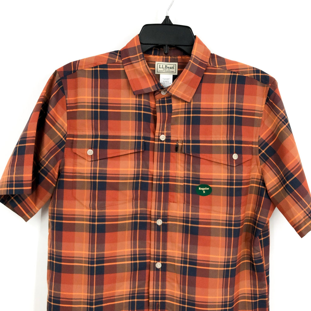 L.L.BEAN Mens Short Sleeve Shirt Small Orange Blue Plaid SunSmart Cool Weave NWT