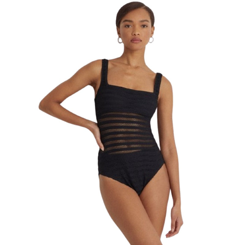LAUREN RALPH LAUREN Ottoman One-Piece Swimsuit Size 16 Black Mesh Stripe NWT