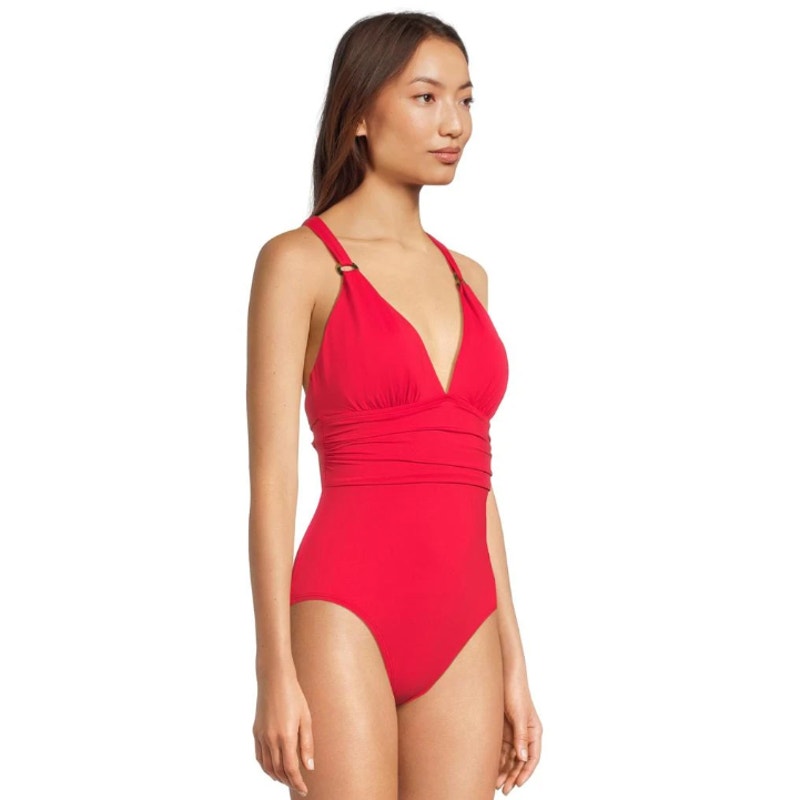TOMMY BAHAMA V neck One Piece Swimsuit Size 10 Red Hibiscus Novelty Pearl NWT