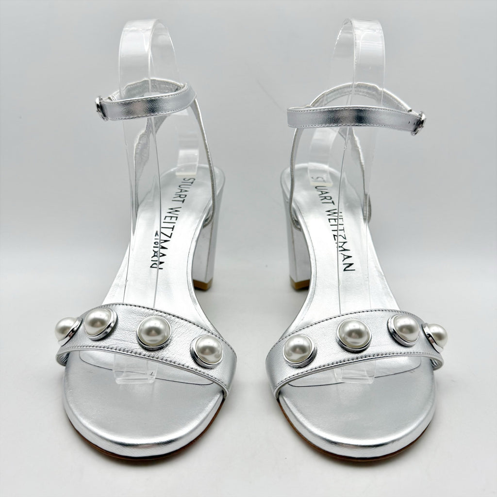 Stuart Weitzman Women Nearlybare Portia Heeled Sandal US 9 B Silver Leather NWOB