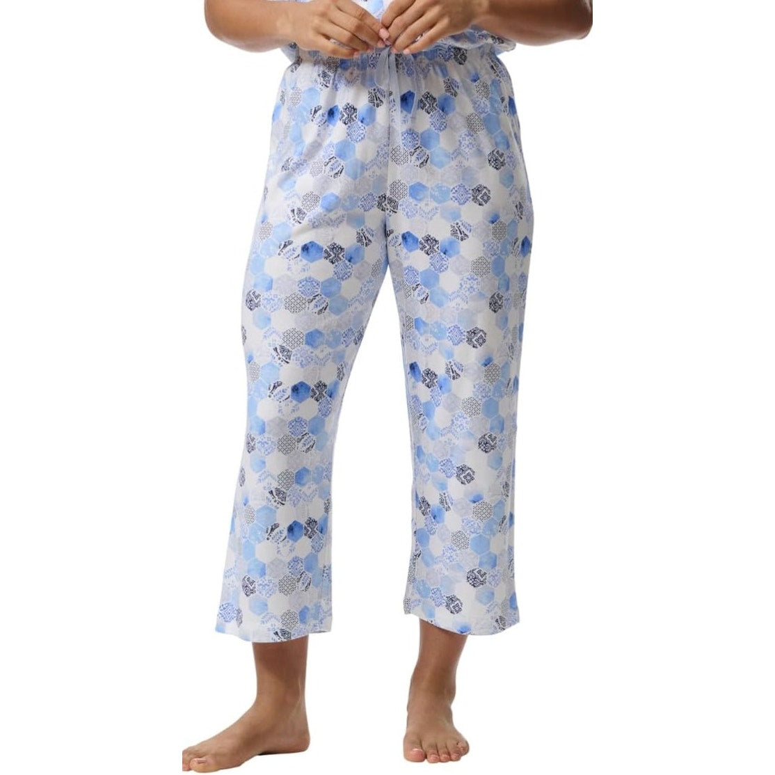 KAREN NEUBURGER Women's Crop Pajama Pants Large White Blue Mosaic NWT