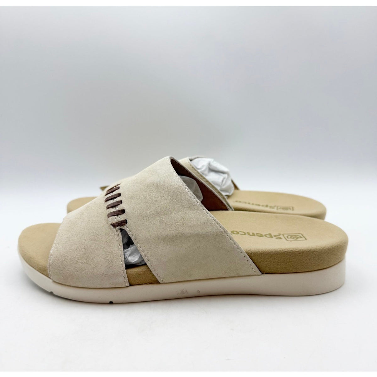 Spenco Womens Twilight Woven Slide Sandals 8.5 Wide Cream Almond Buff Tan NIB