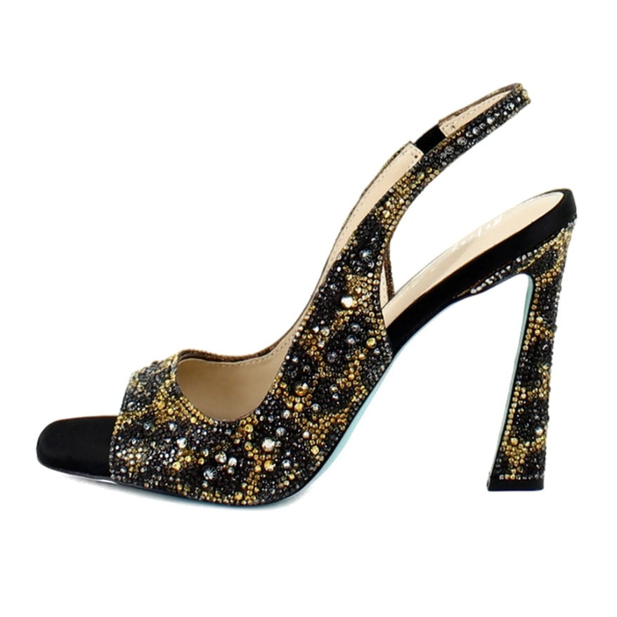 Betsey Johnson Womens Mina Heeled Sandals US 6 M Black Gold Rhinestone NWOB