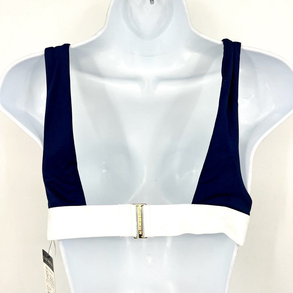 LAUREN RALPH LAUREN Women's Banded V Neck Bikini Top Size 12 Blue Bel Air NWT