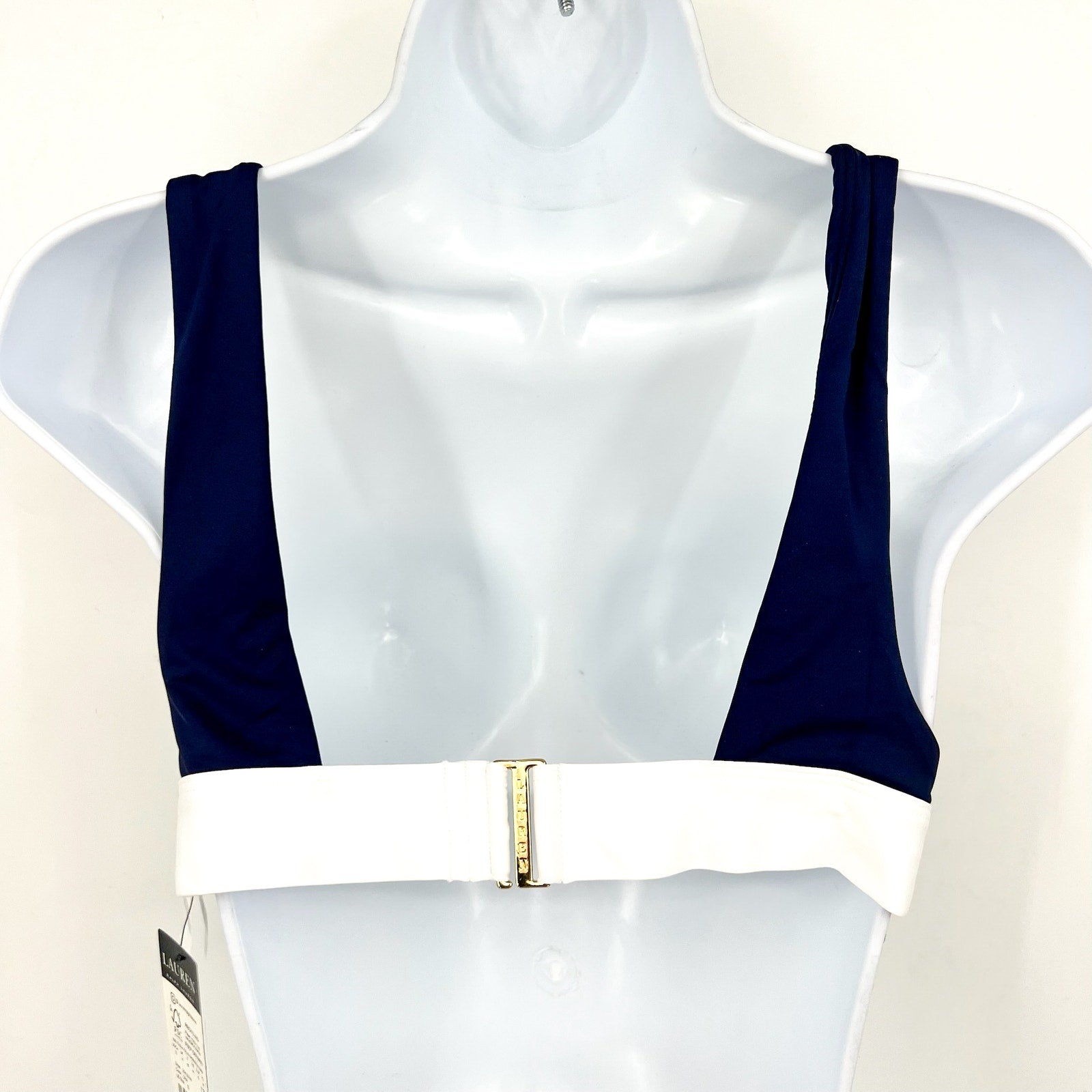 LAUREN RALPH LAUREN Women's Banded V Neck Bikini Top Size 12 Blue Bel Air NWT